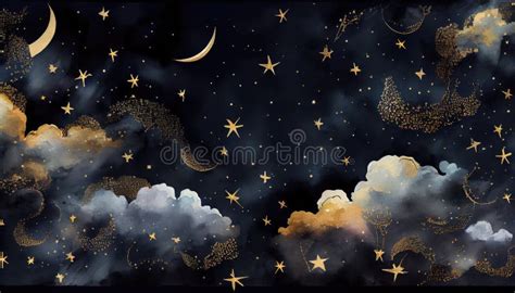 Seamless Pattern of the Night Sky with Gold Foil Constellations Stars and Clouds Watercolor ...