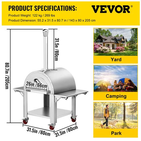 VEVOR 32" Wood Fired Artisan Pizza Oven, 3-Layer Stainless Steel Pizza Maker with Wheels for ...