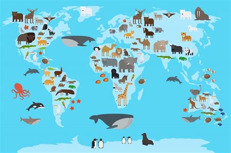 Mapa do mundo de animais | Vetor Premium