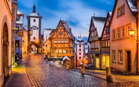 Wallpaper Germany, Rothenburg, Medieval town, evening, lights, snow ...