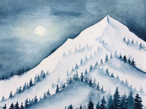 Original Watercolor Painting of White Snowy Mountains With Pinetrees in the Night, With Full ...