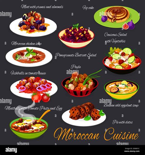 Moroccan cuisine food, Morocco Arabic meals menu, vector authentic restaurant dishes. Moroccan ...