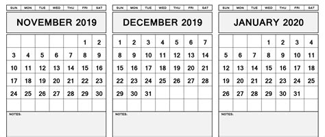 November December January 2020 Calendar Printable PDF Word Excel - Blank Printable Calendar