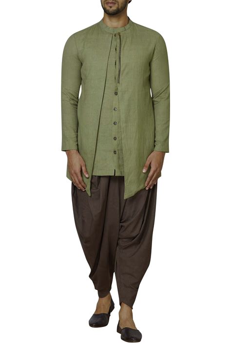 Buy Suta & Co - Men Green Cotton Linen Dhoti Kurta Set Online | Aza Fashions