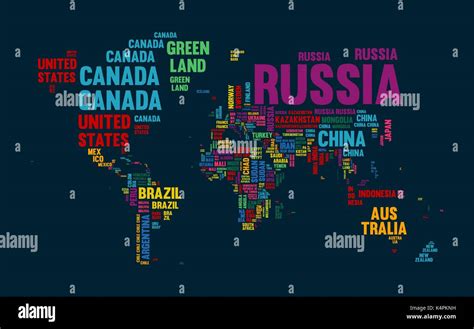 Typography color world map made of every country name. Concept text atlas design with continent ...