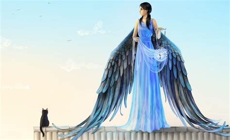 Wallpaper : cat, anime, wings, angel, blue, statue, girl, wing, gown, photo shoot, roof lamp ...