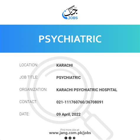 Psychiatric Job – Karachi Psychiatric Hospital - Jobs in Karachi – 40547