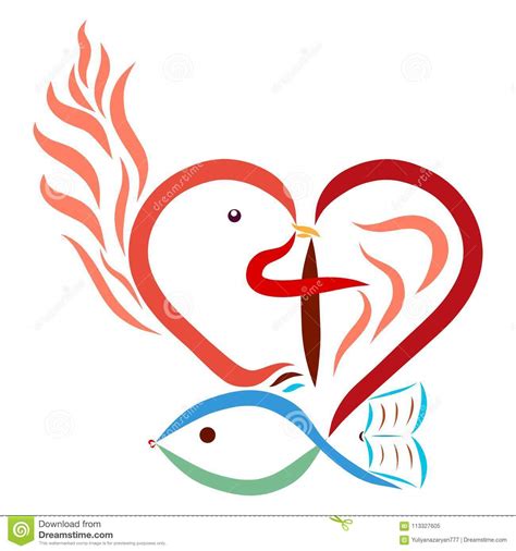 Christian Symbolism Heart Cross Dove Fish Flame Bible Stock ...