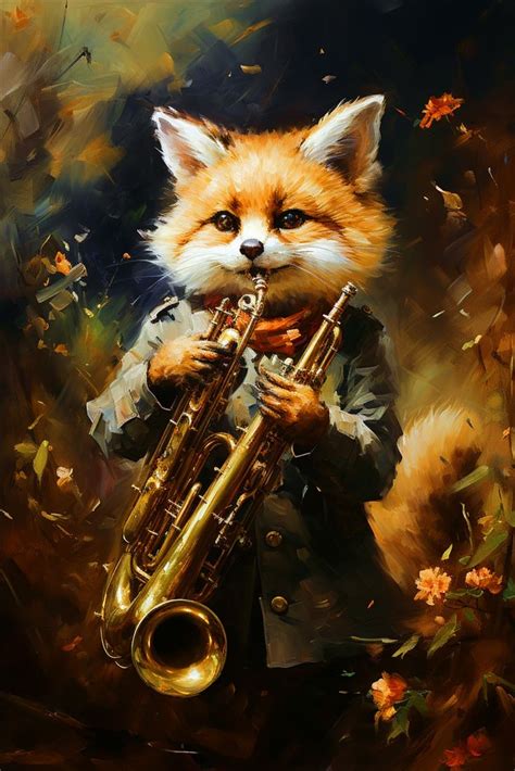 a painting of a fox playing a trumpet