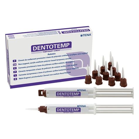 Temporary Cements: DentoTemp Long term Temporary Cement. (Designed for Implants) NE. 2x6g Automix.