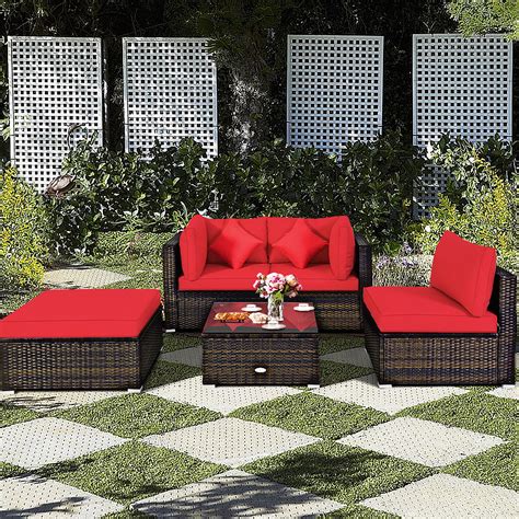 Costway 5PCS Outdoor Patio Rattan Furniture Set Sectional Conversation ...