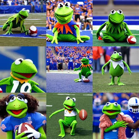 Kermit the frog playing football for boise state | Stable Diffusion