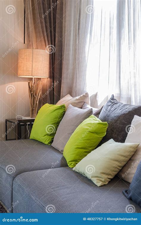 Grey Sofa With Green Pillows In Living Room Stock Photo - Image: 48327757