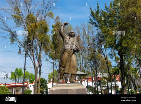 Statue of Miguel Hidalgo in Jardin Plaza Hidalgo in historic center of Coyoacan, Mexico City ...