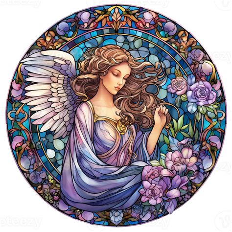 stained glass round angel design surrounded by floral elements. AI ...