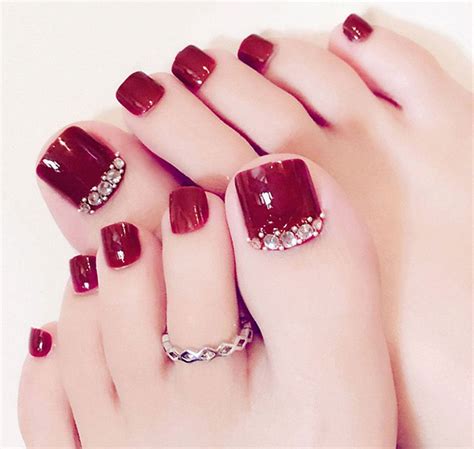 Wine Red Fake Toenails 24pcs False Toe Nails Rhinestone False Nails ...