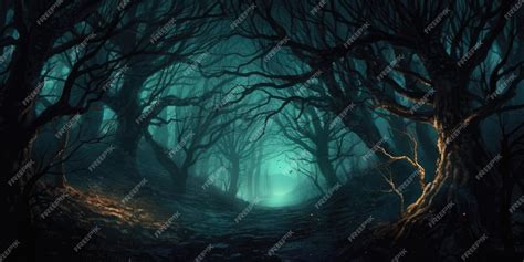 Premium AI Image | A dark forest with trees and fog