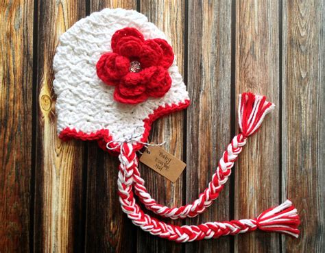 Crochet Baby Girl White Earflap Hat with Red Flower & Crystal