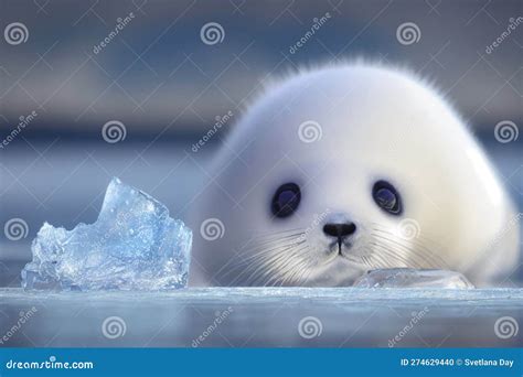 Cute White Baby Harp Seal Pup Laying on the Blue Ice by the Water, Generative AI Stock ...