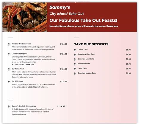 Menu at Sammy's Fish Box restaurant, New Rochelle