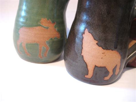 Wild Animal Coffee Mug Set of Four Cups Handmade Pottery Art