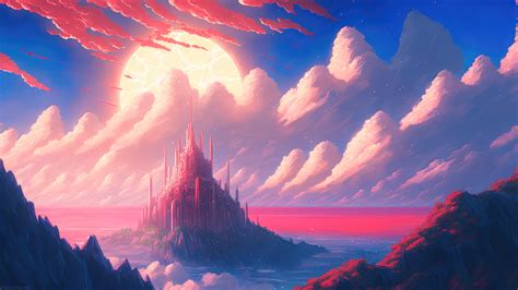Fantasy Castle Clouds Sun Sky 4K #7740i Wallpaper PC Desktop