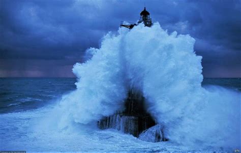 Stormy Sea Splashing over Lighthouse Image - ID: 201238 - Image Abyss