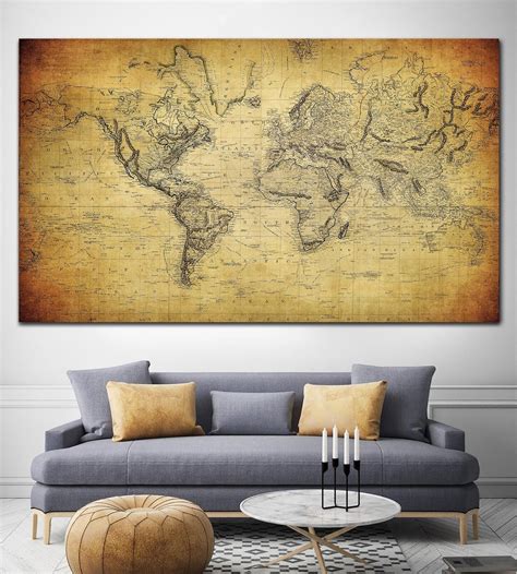 Large World Map Canvas Antique Map of Old World World Map Print Brown ...