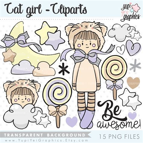 Cat Clipart, Girl Graphics, COMMERCIAL USE, Moon Clipart, Cat Graphics ...