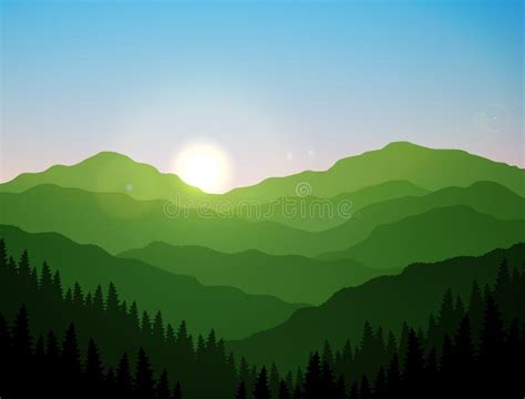 Sunrise Green Mountains and Hills Vector Art Stock Vector ...