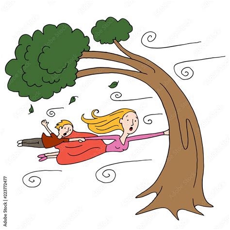 Windy Day Mother and Child Holding Onto a Tree Stock Vector | Adobe Stock