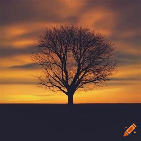 Silhouette of barren tree against a vibrant sunset sky