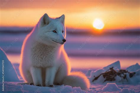 Arctic Fox sitting in arctic sunset, aurora borealis. Beautiful nature ...