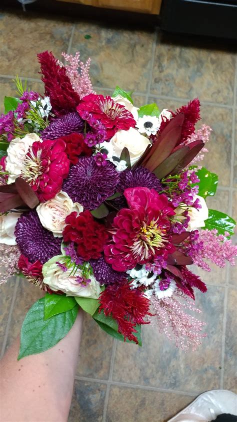 Fall Bouquet mixed flowers Zinnia, celosia, safari sunset, bisbuds, varigated greens, astilbe ...