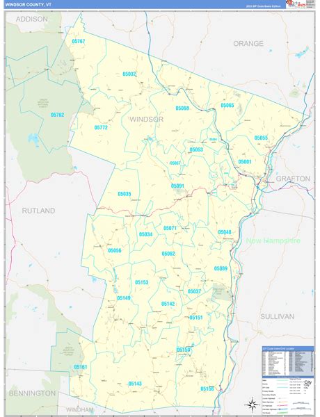 Windsor County, VT Zip Code Wall Map Basic Style by MarketMAPS - MapSales