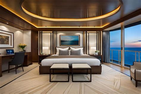 Premium Photo | The master bedroom of the luxury yacht has a view of ...