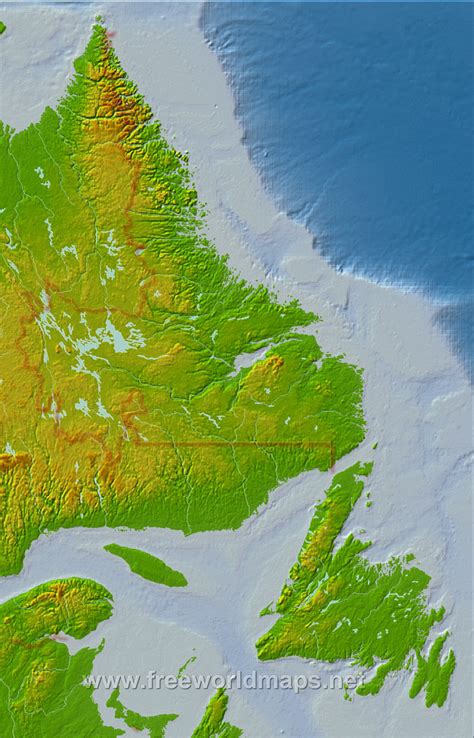 Physical map of Newfoundland and Labrador