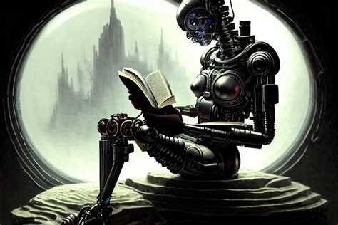 a cyborg reading from an old book with a leather | Stable Diffusion ...