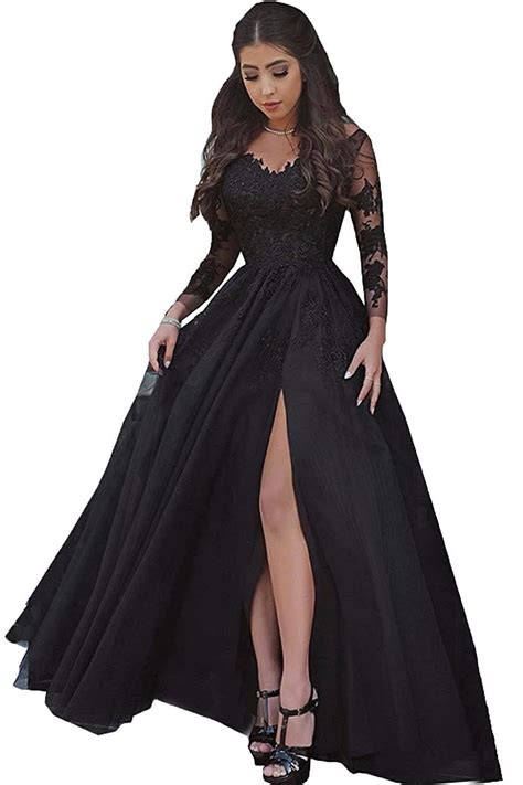 Sexy Black Lace Tulle Prom Homecoming Dresses 2019 High Slit Long ...