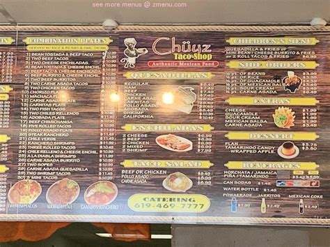 Menu at Chuy's Taco Shop restaurant, San Diego