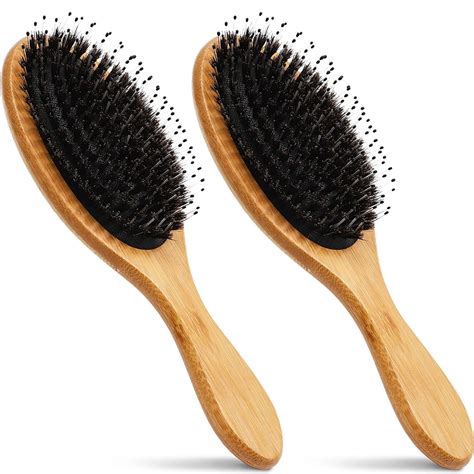 2-Pack Boar Bristle Hair Brush with Nylon Tip, Oval Comb with Bamboo Handle for Fine Hair Care ...