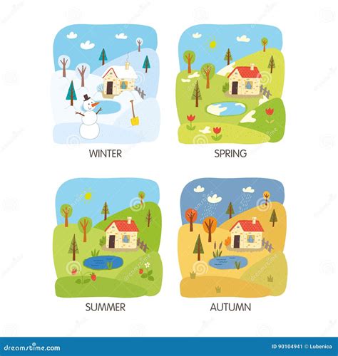 4 seasons landscape. stock vector. Illustration of greeting - 90104941