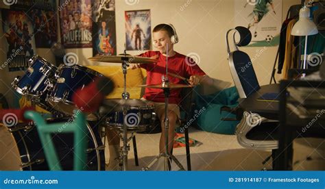 Young Boy Practices Musician Skills Using Drum Kit Stock Image - Image of drummer, guitar: 281914187