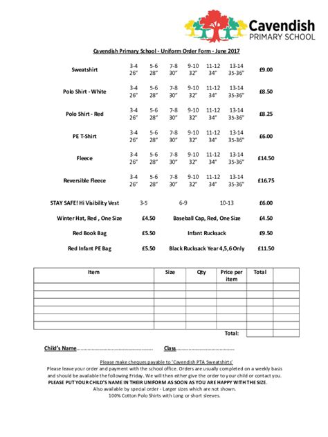 Fillable Online Cavendish Primary School - Uniform Order Form Fax Email Print - pdfFiller