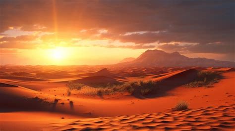 Premium AI Image | A sunset in the desert with a mountain in the background