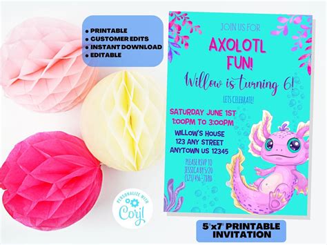 Axolotl Party Printable Invitation Axolotl Birthday Party - Etsy in ...