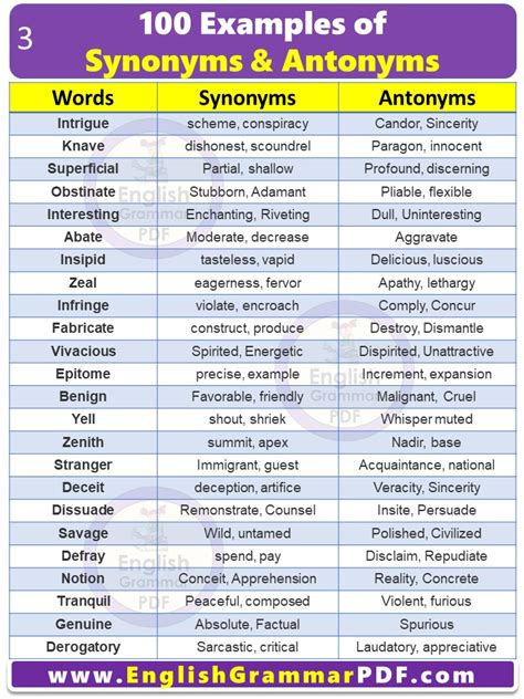 100 Examples of Synonyms and Antonyms - English Grammar Pdf