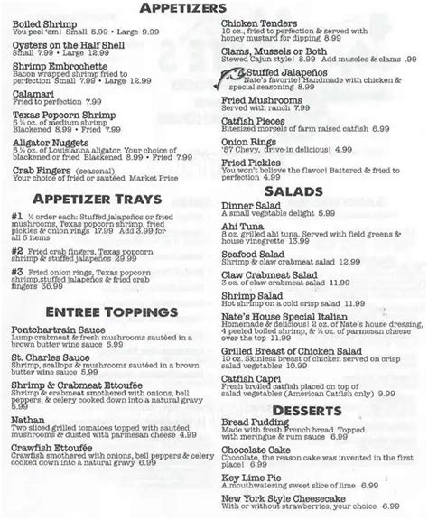 Menu at Nate's Seafood steakhouse, Addison