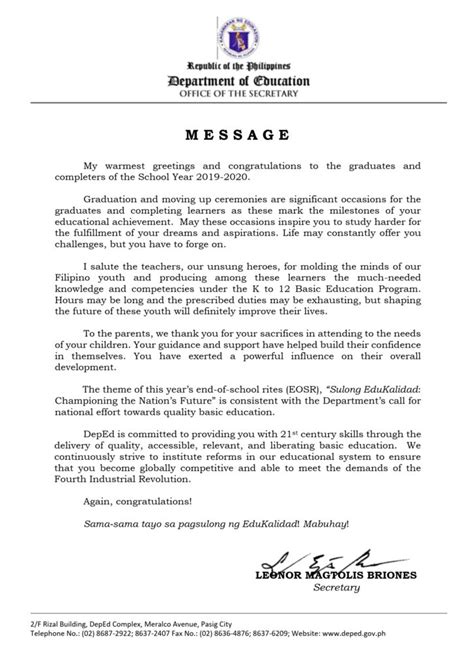 DepEd Secretary’s Message on the Graduation/Moving-up Ceremonies for School Year 2019-2020 ...