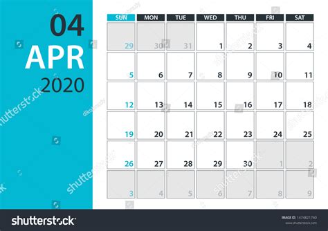 April 2020 Calendar Planner Vector Illustration Stock Vector (Royalty ...